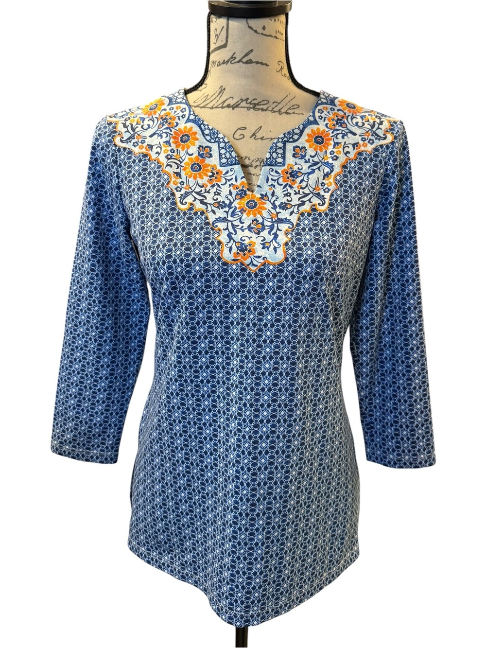 J. McLaughlin Blue Printed Tunic with Orange Floral Notch Collar